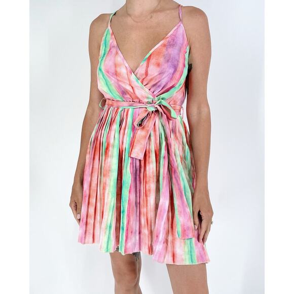 Women’s Pleated Pastel Multicolor V-Neck Fit and Flare Dress Size Small - Picture 1 of 3